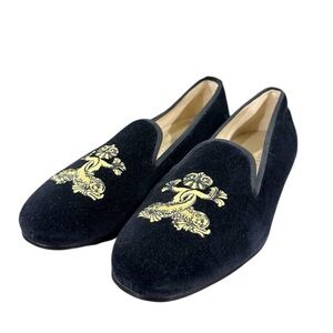 Stubbs & Wootton NEW Mens Black Velvet Japanese Koi Fish Embroidery loafers Sz 9